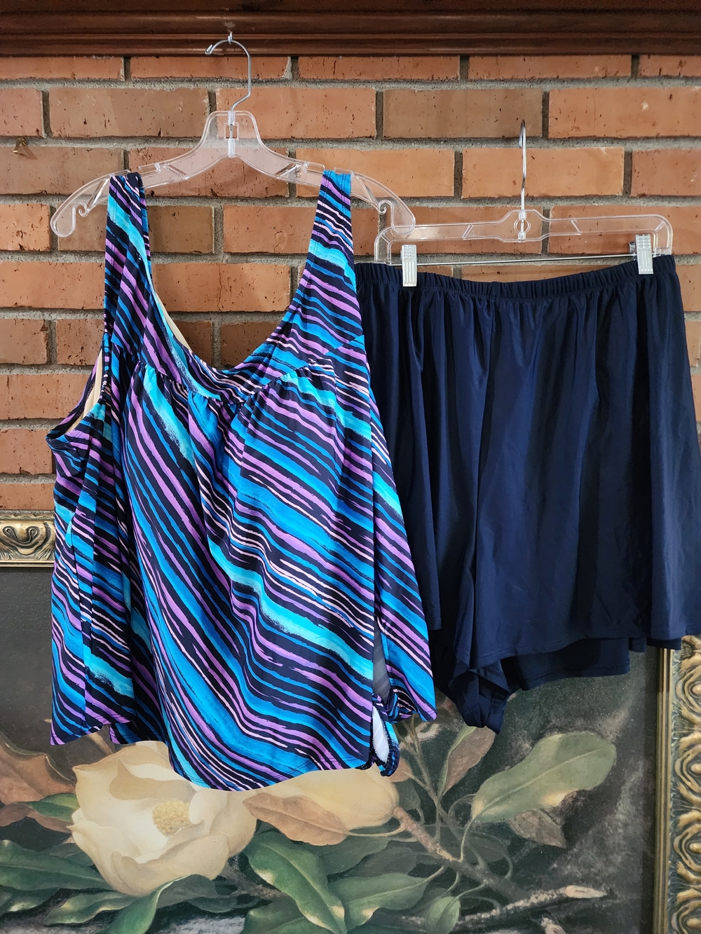 Swimsuits For All Plus Size 34 Striped Tankini with Navy Bottom
